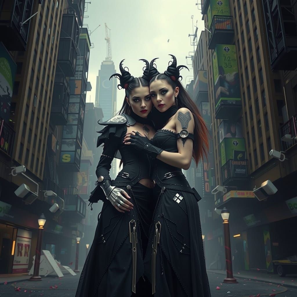 Goth Vampire Lovers in Cyberpunk Futurism
