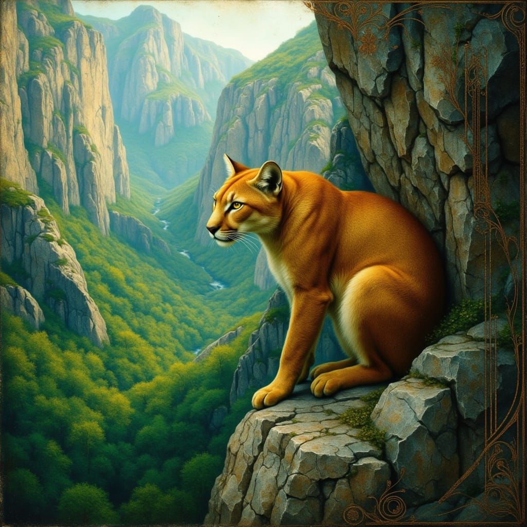 mountain lion atop a forested craggy cliff. <lora:Archetypal...