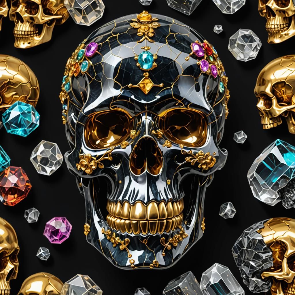 Crystal Skull with Gems and Gold on Marble