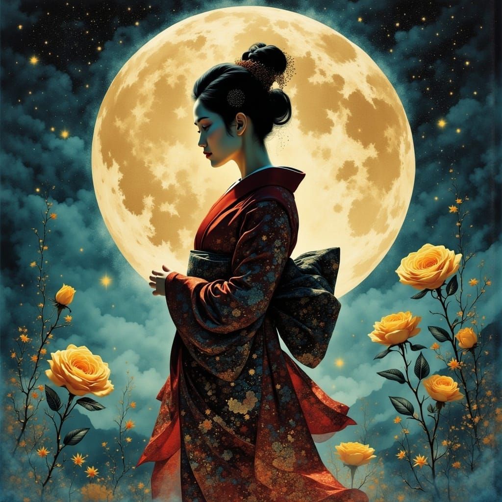 <lora:mystic flux:1.0> Beautiful geisha in intricately patterned red and black silk kimono,