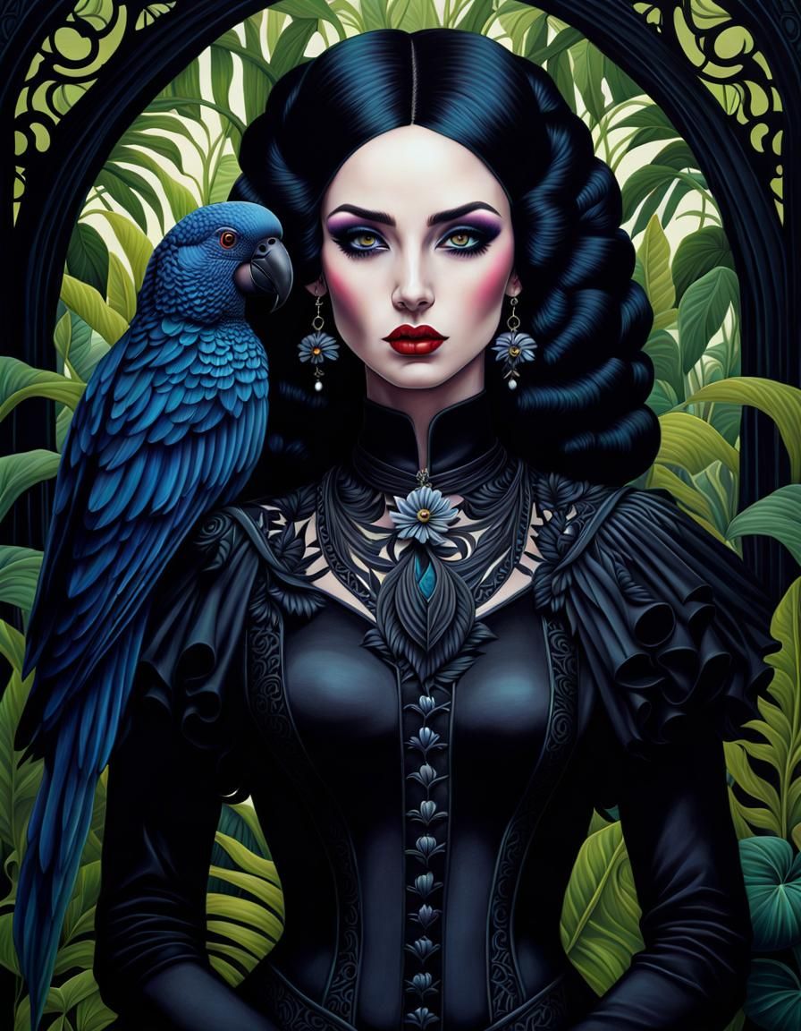 Gothic Jungle Portrait with Black Parrot