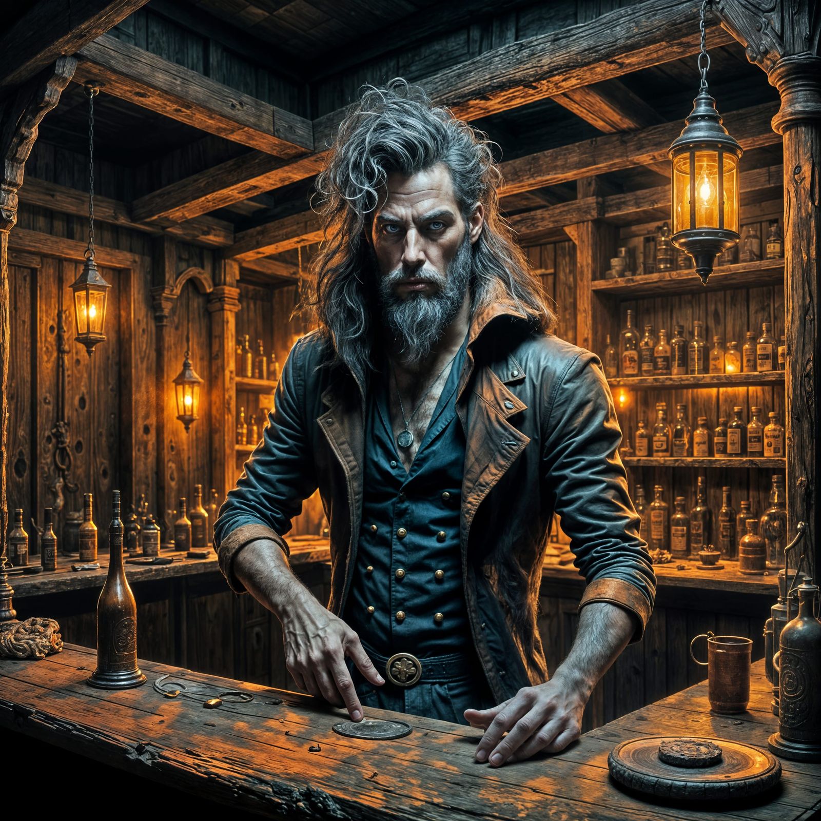 Beast-Man Barkeeper in Shadowy Fantasy Tavern