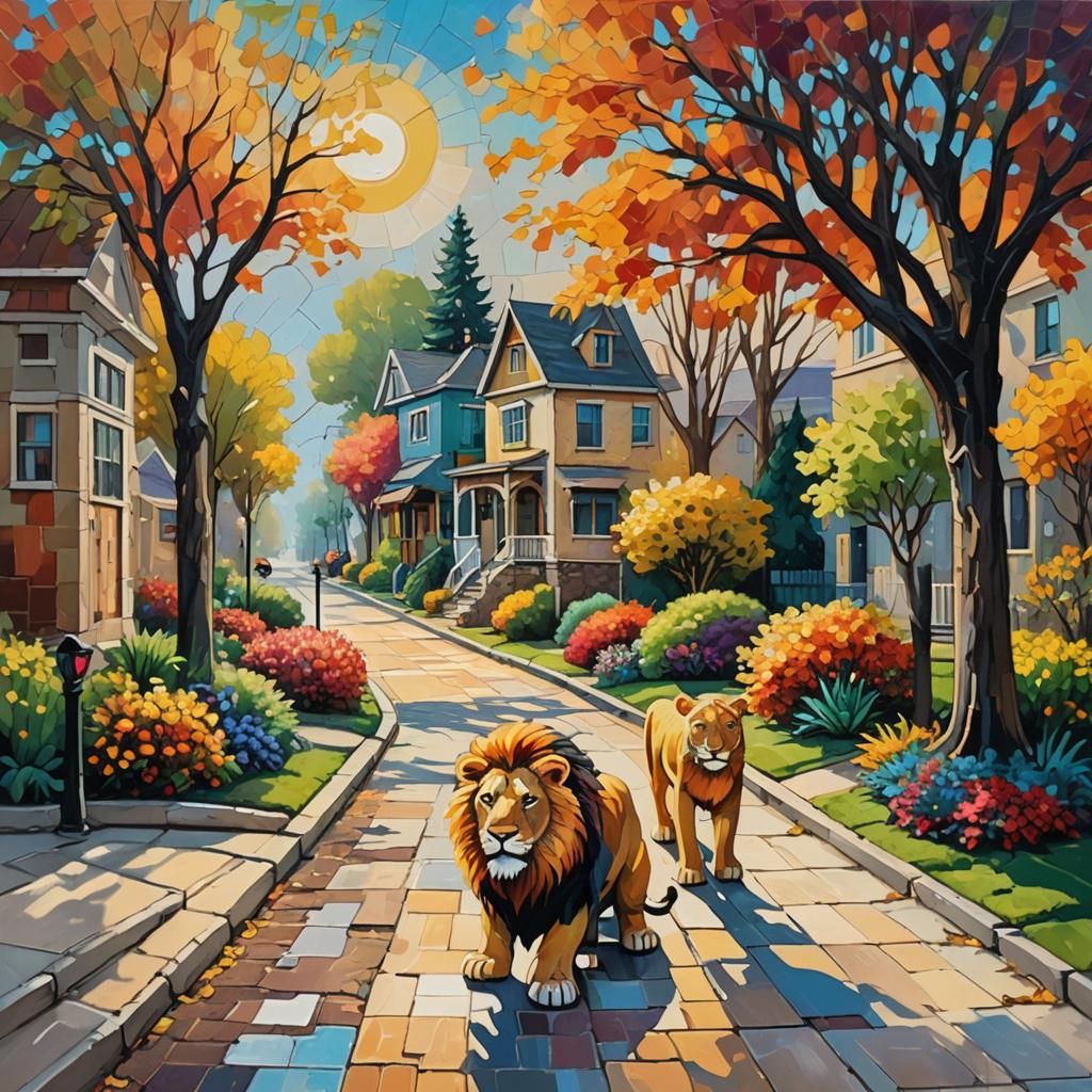 Whimsical Town with Lion in Hyper-Impressionist Style