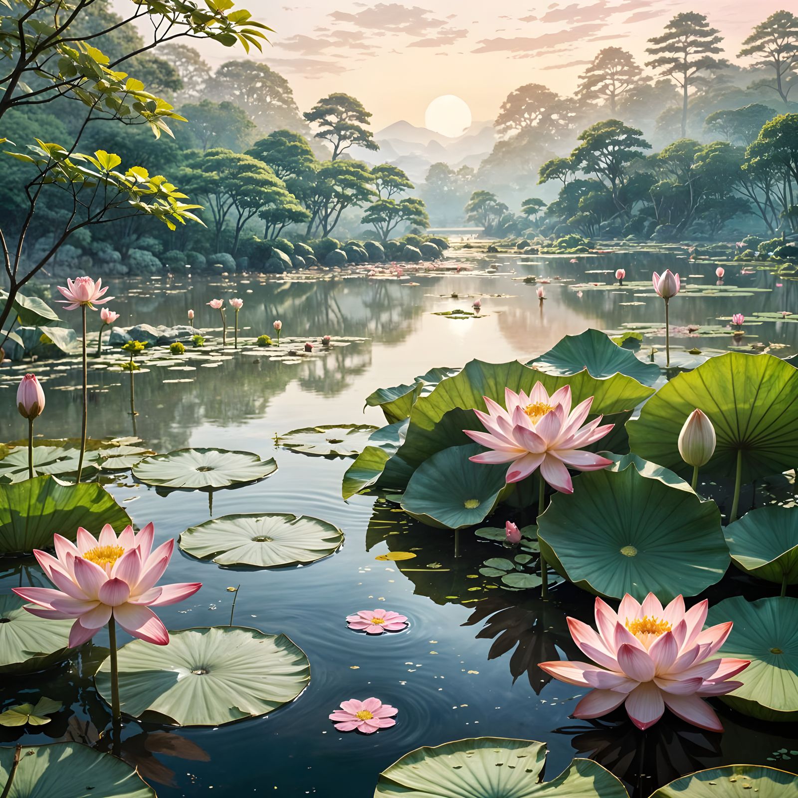 Surreal Japanese Landscape with Blooming Lotus Flowers