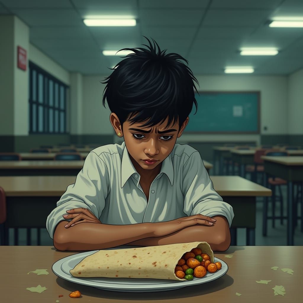 Young Indian Boy Eats Alone in School Cafeteria, Overwhelmed...