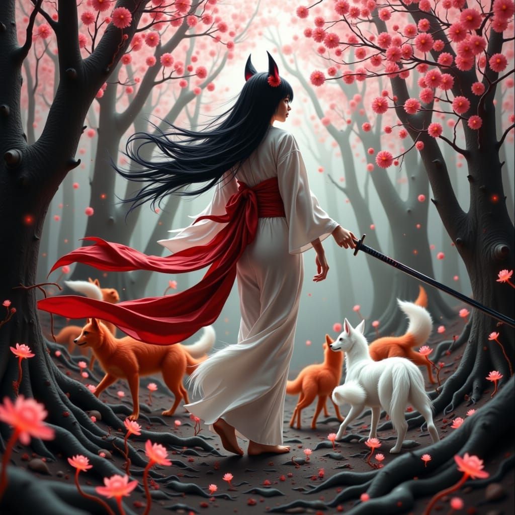 Kitsune in Cherry Blossom Forest at Midnight