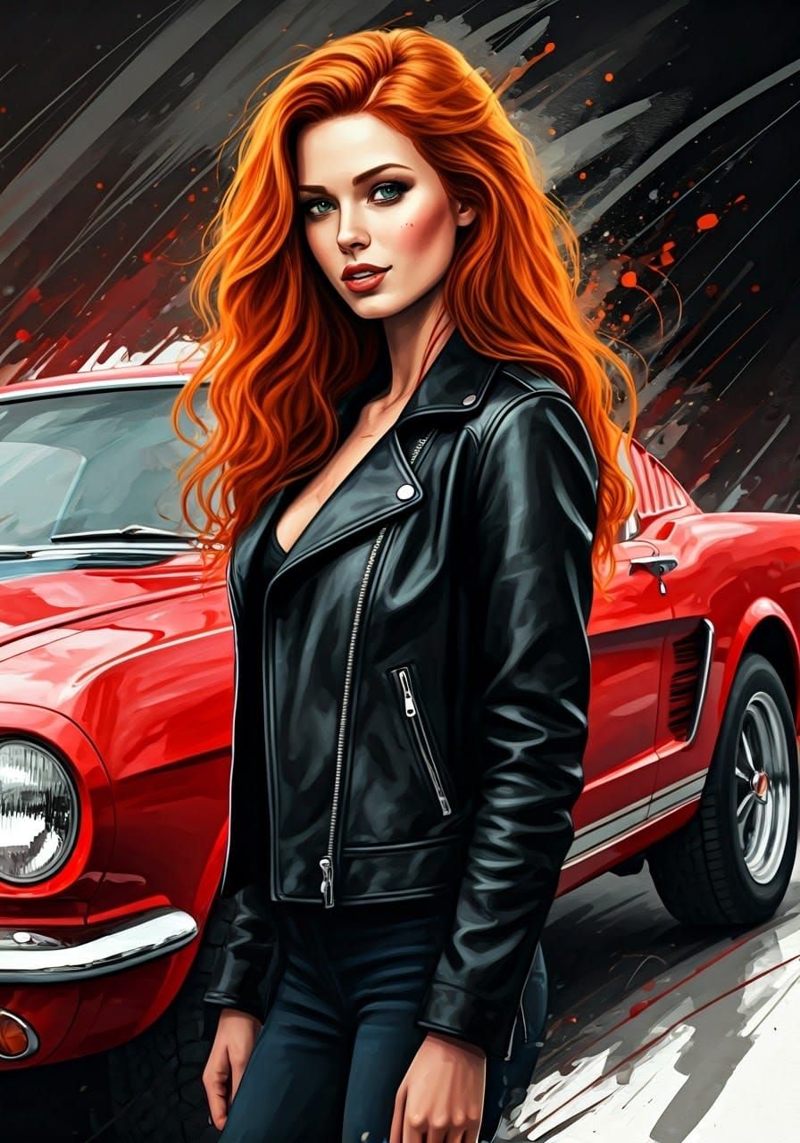 Bold Red-Headed Beauty Beside Vintage Red Mustang, in Ink Sp...