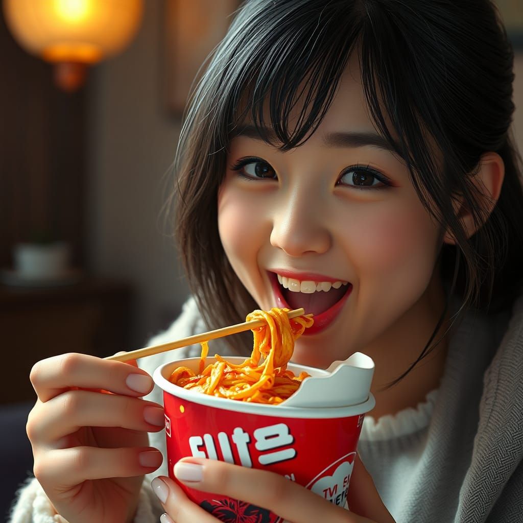 Korean Girl Enjoys Spicy Noodles: Digital Matte Painting