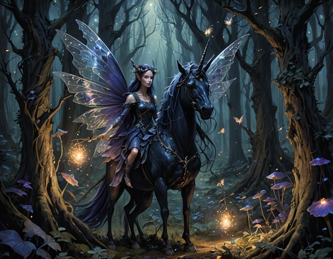 Dark Fairy and Black Unicorn in Mystical Forest