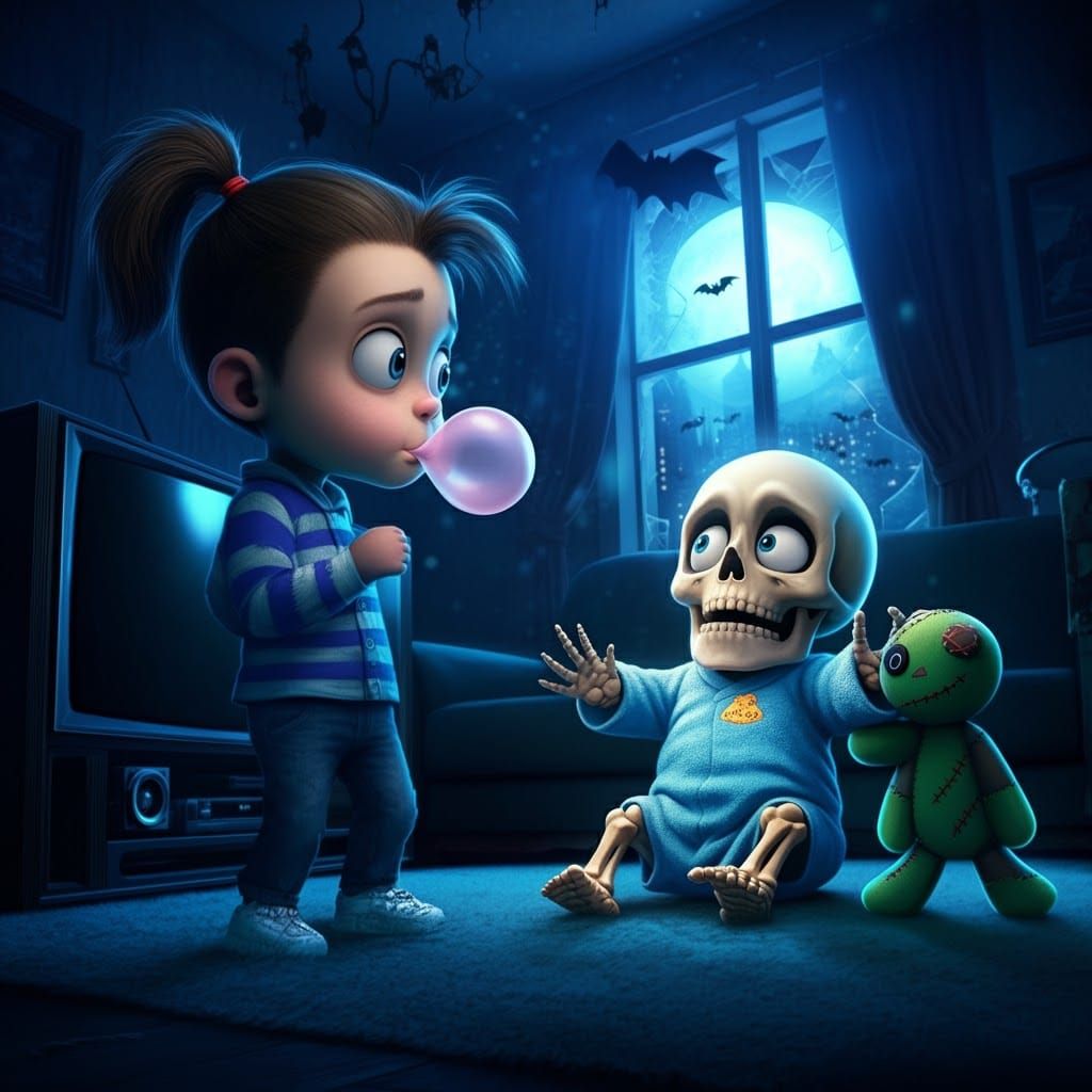 Terrified Baby Skeleton and Babysitter: Fantasy Artwork