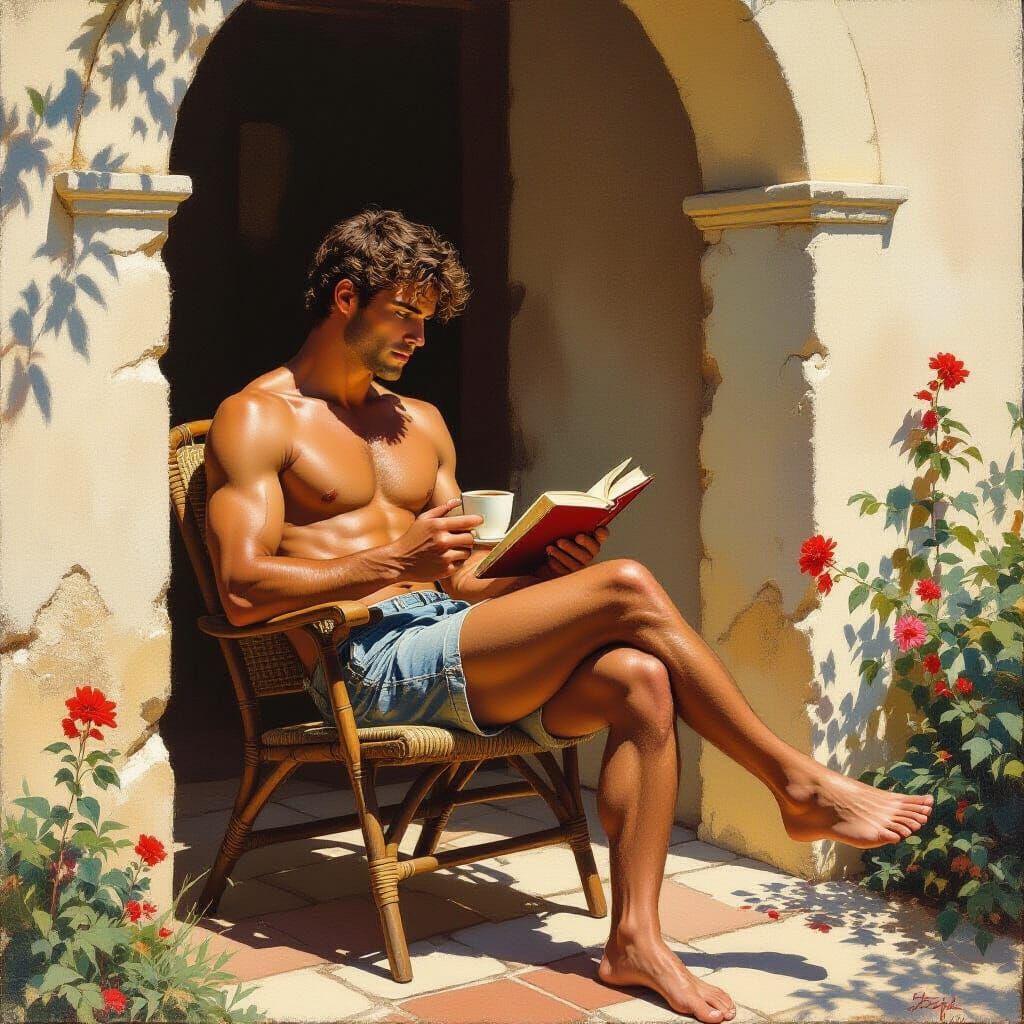 Man Reading Coffee in Sunlit Garden Alcove