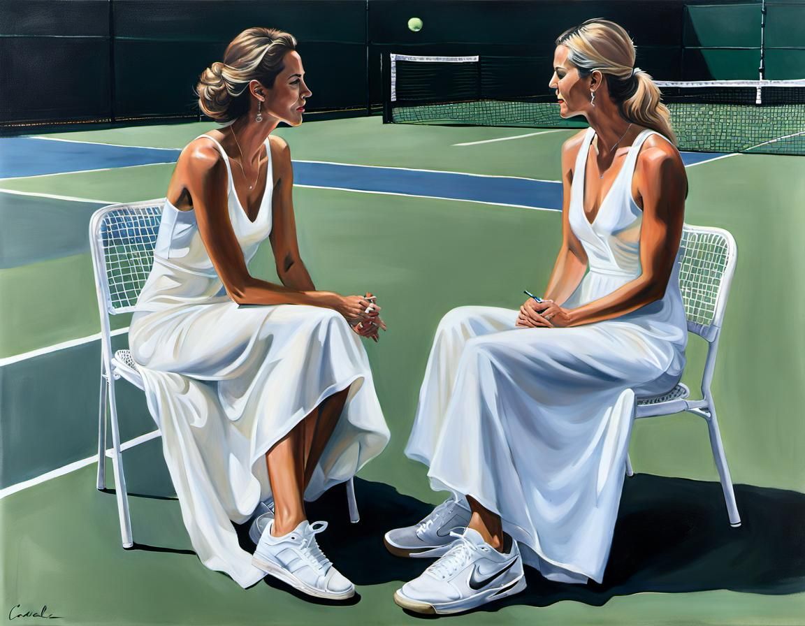 Hyperrealistic Women's Tennis Scene Painting