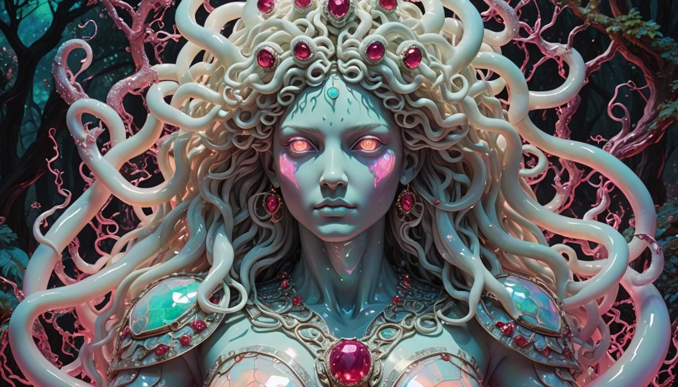 Opal Medusa Statue in Serpentine Crystal Forest