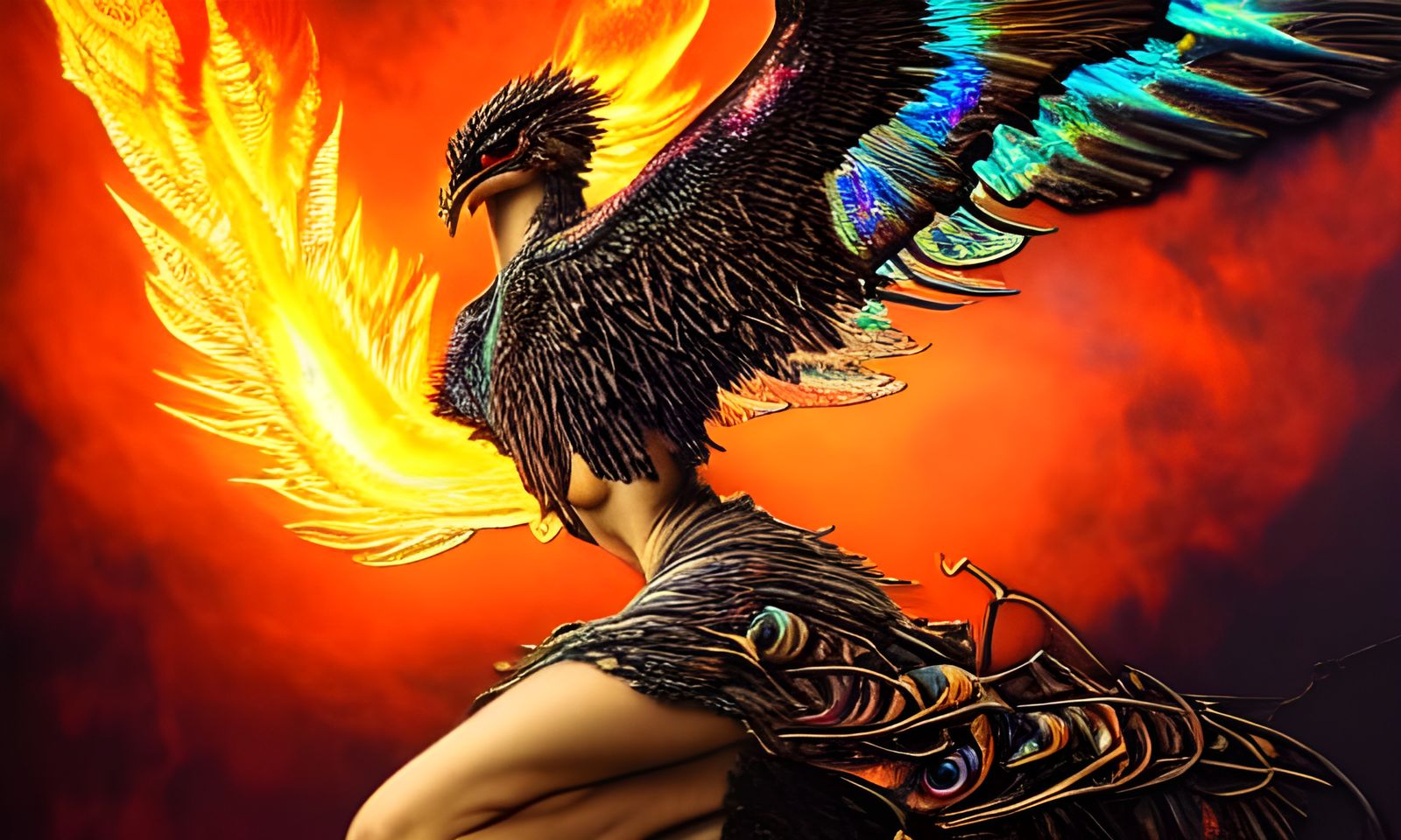 Iridescent Phoenix Rising from Campfire, Hyperdetailed