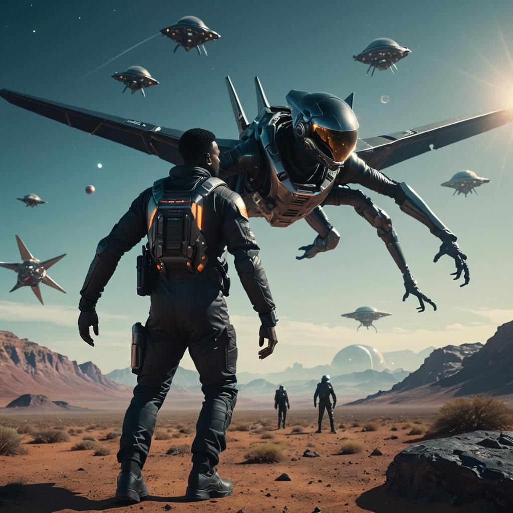 Futuristic Man Flying on Alien Planet