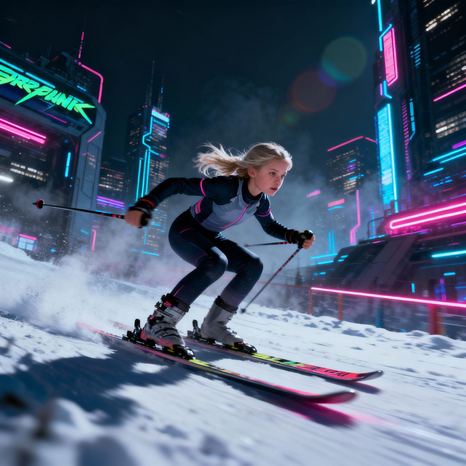 Cyberpunk Skier Training in Neon Cityscape