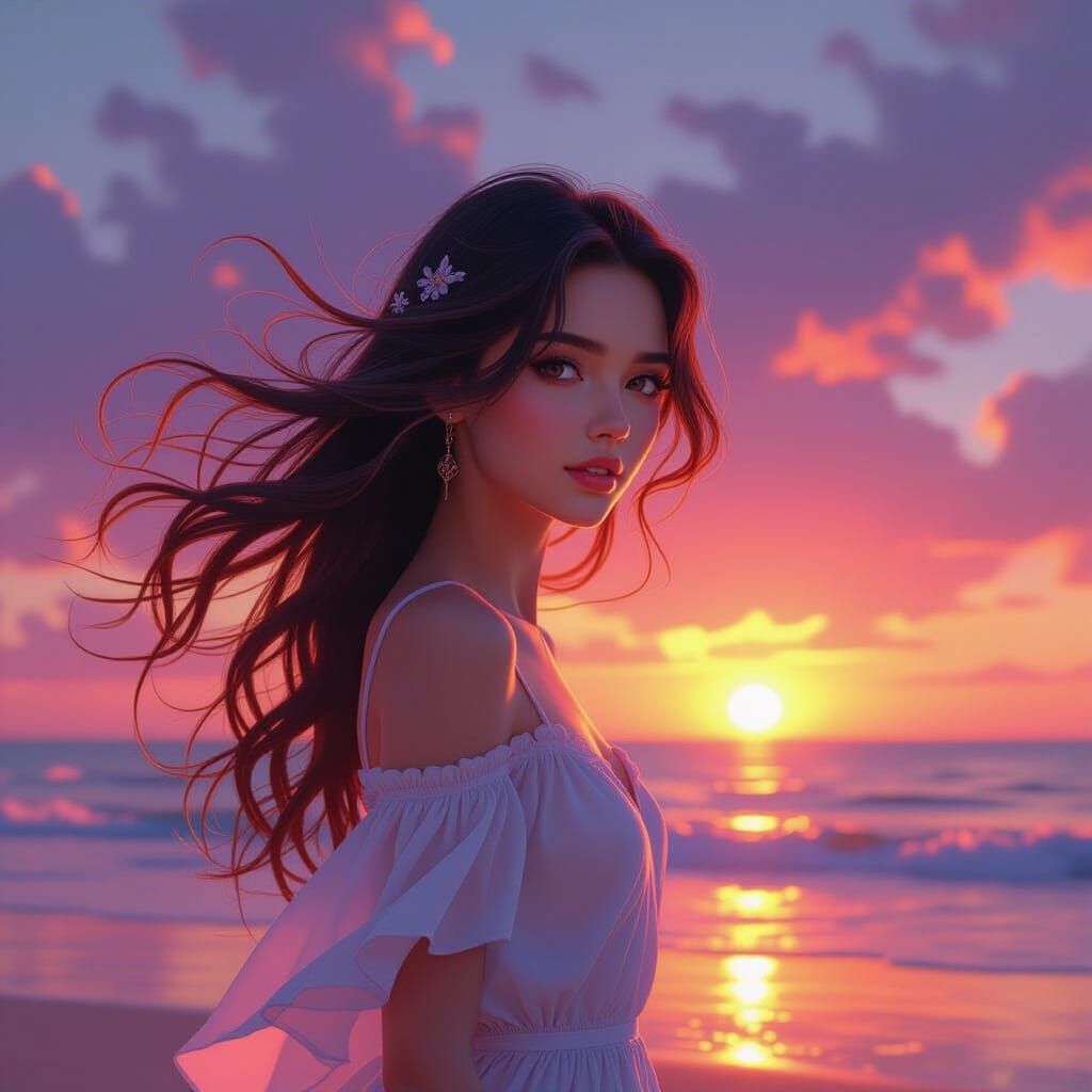 Ethereal Spirit Girl on Beach at Sunset