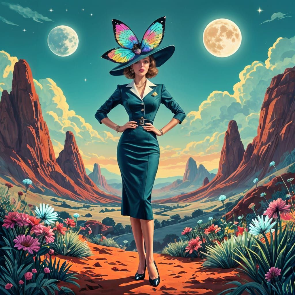 A sophisticated mature woman in elegant 1950s attire, pencil...