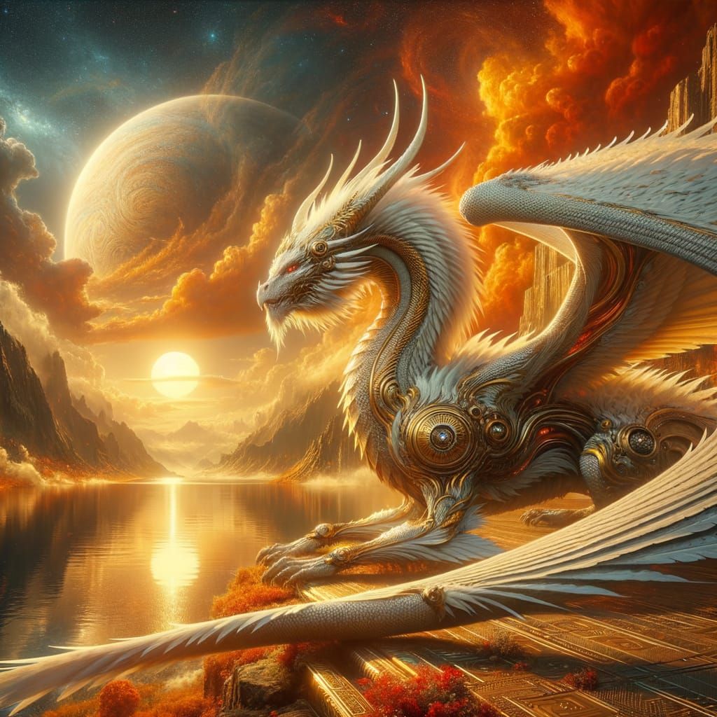 Wingless Dragon Basking by Lake in Sci-Fi Landscape