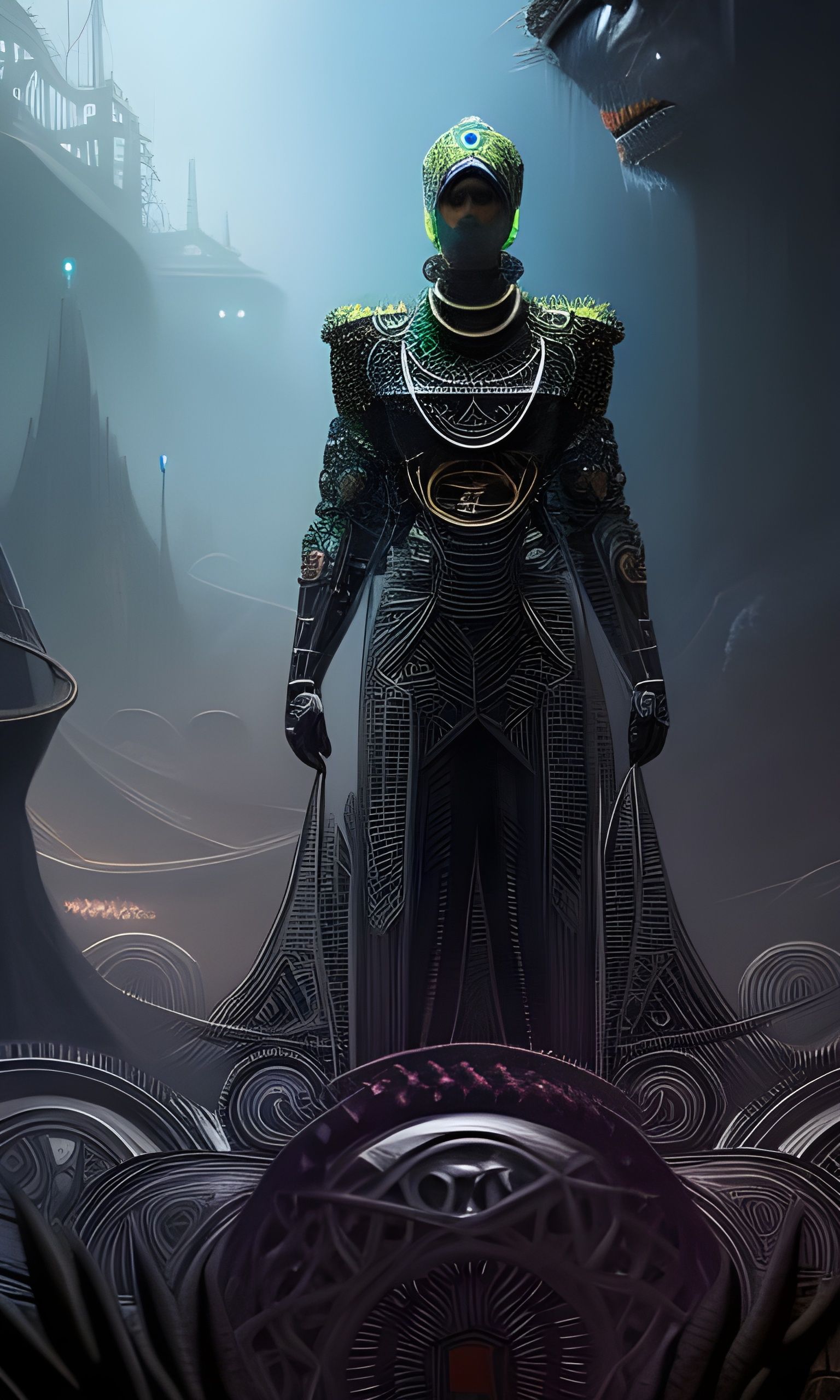 Geometric Android Charcoal Drawing with Emerald Ornamentatio...