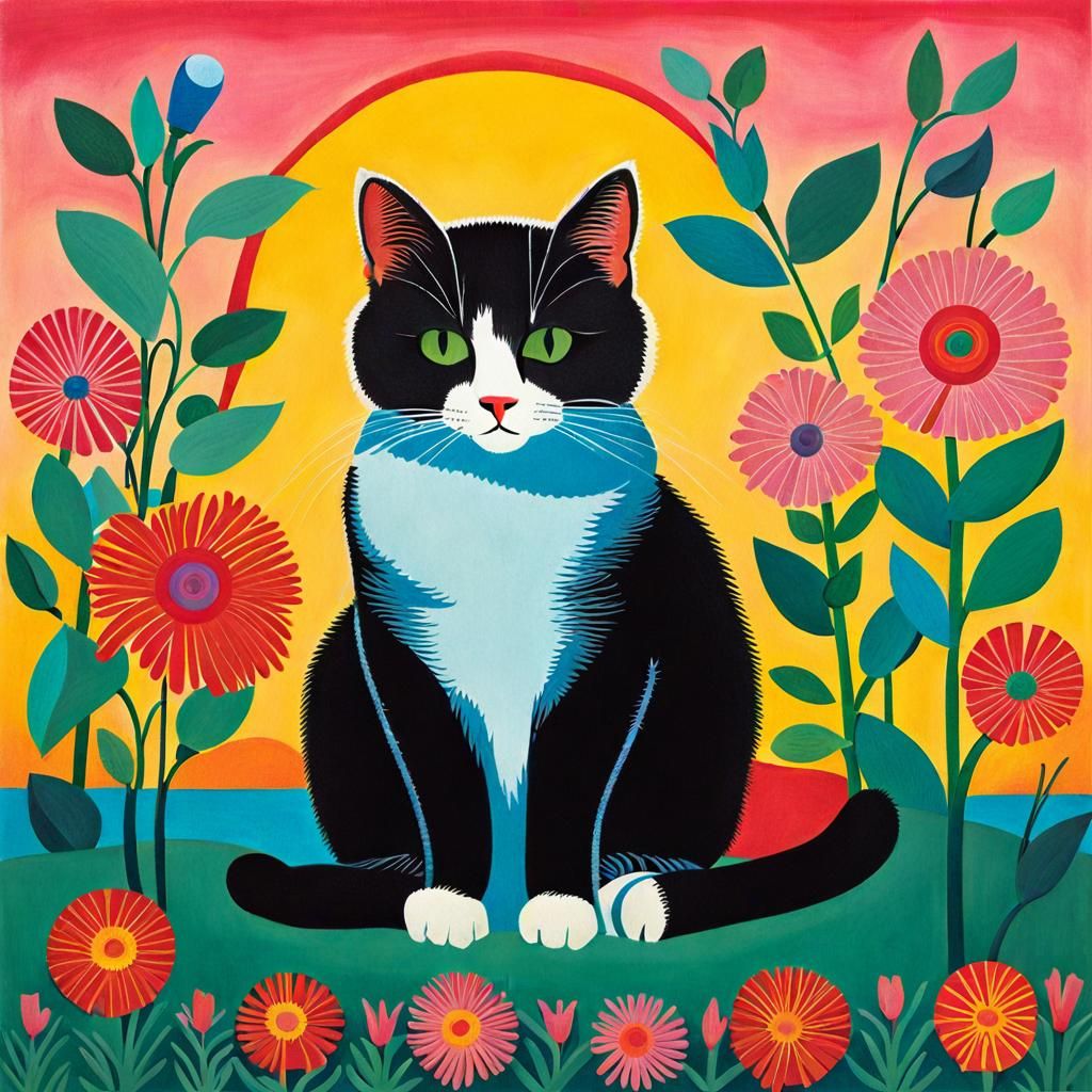 Cat on Pillow with Flowers in Pop Art Style