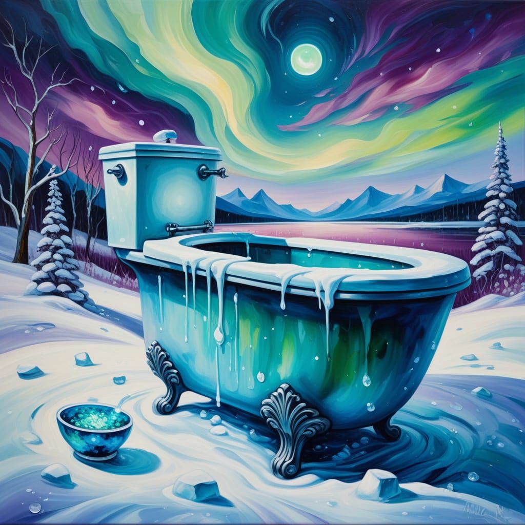 Whimsical Arctic Toilet Under Aurora Borealis in Leonid Afre...