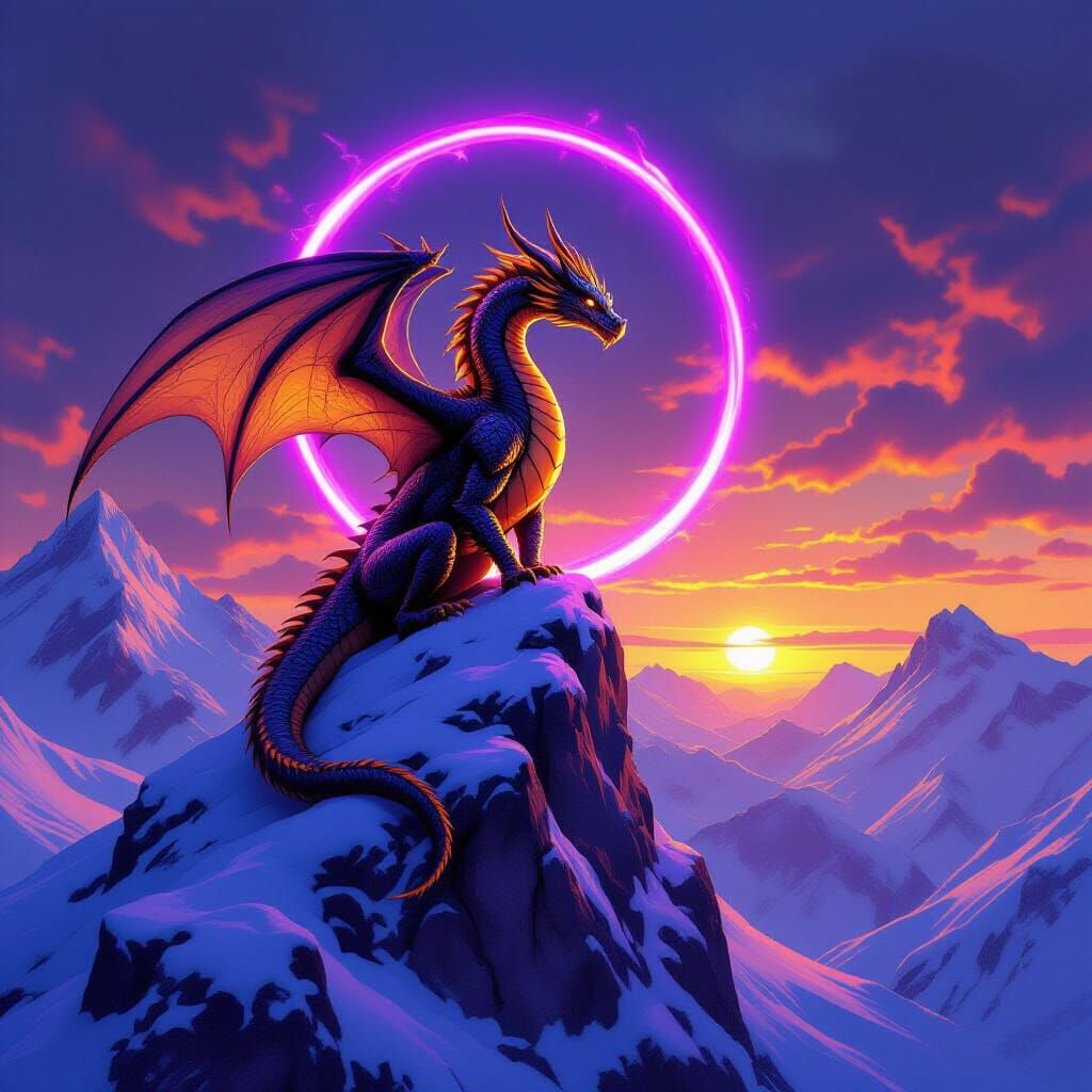 Golden Dragon Silhouetted Against Sunset on Snowy Peak