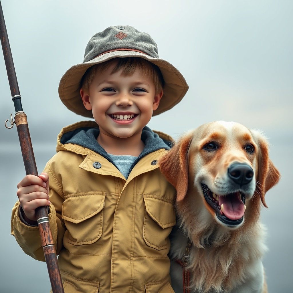 Boy and Dog Fishing: Hyperrealistic Whimsical Portrait