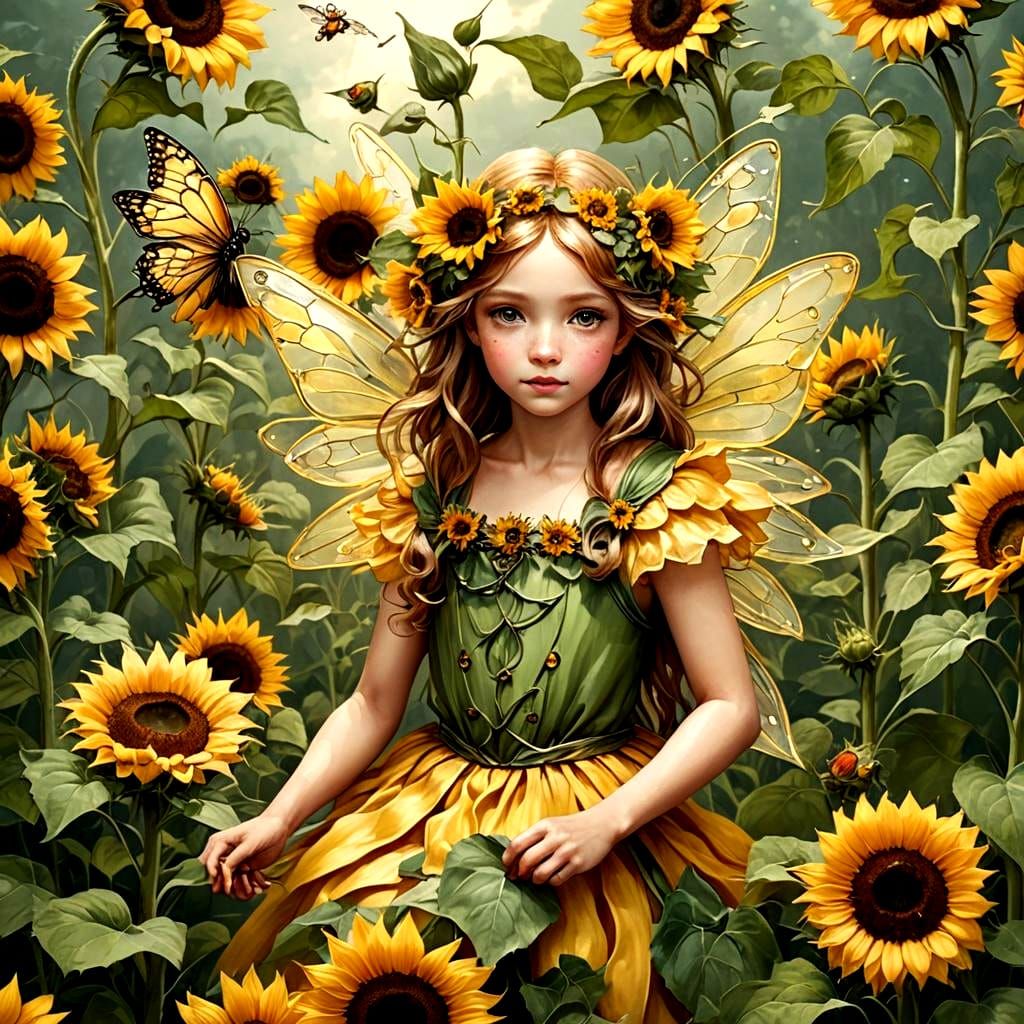 Whimsical Sunflower Fairy in a Glowing Field