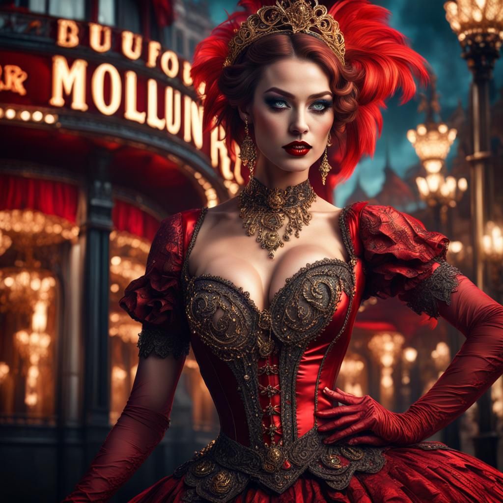 Exquisite Moulin Rouge Dancer in Mixed Media Artwork