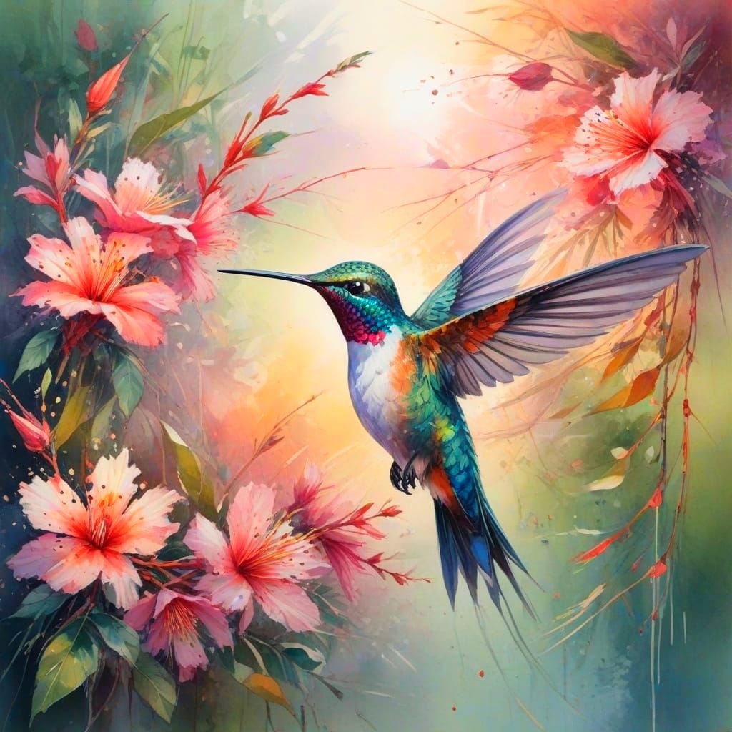 Vibrant Hummingbird Amidst Watercolour Blossoms in Dawn's So...
