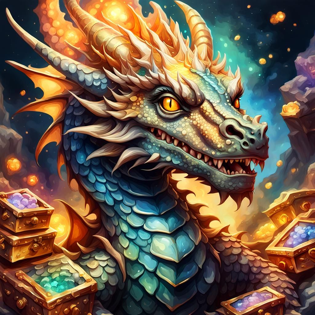 Whimsical Dragon on Treasure in Watercolor Style