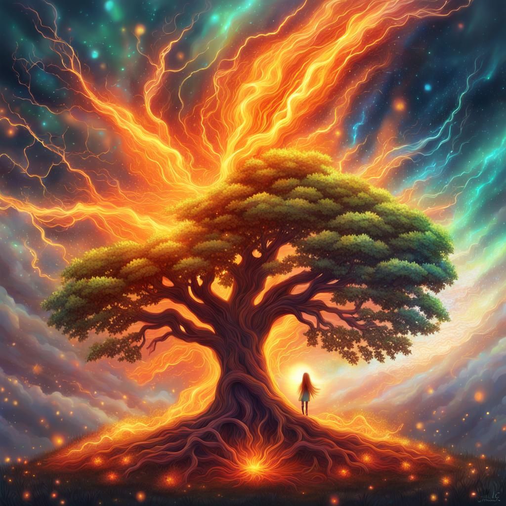 Burning Tree and Girl with Clover, Astral Illustration
