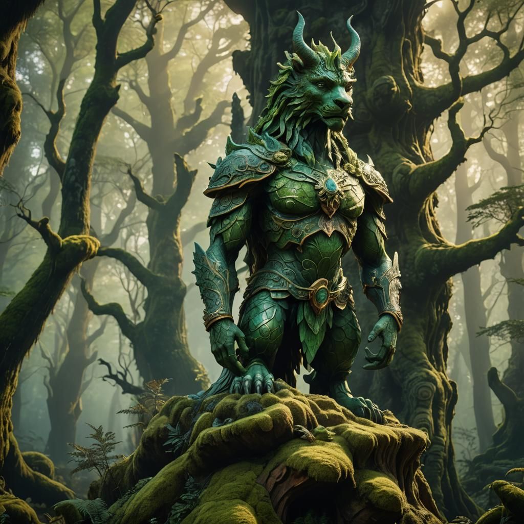 Mystical Carved Wooden Statue in Fantasy Forest