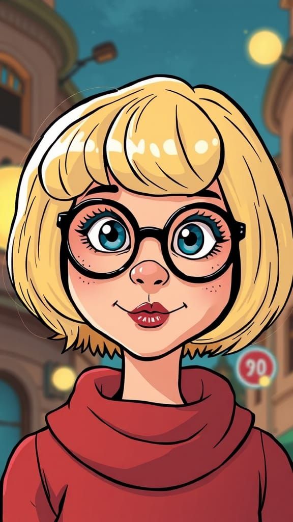 Cartoon Louise , short blonde wave bob hairstyle, glasses, blue eyed, round cheeks