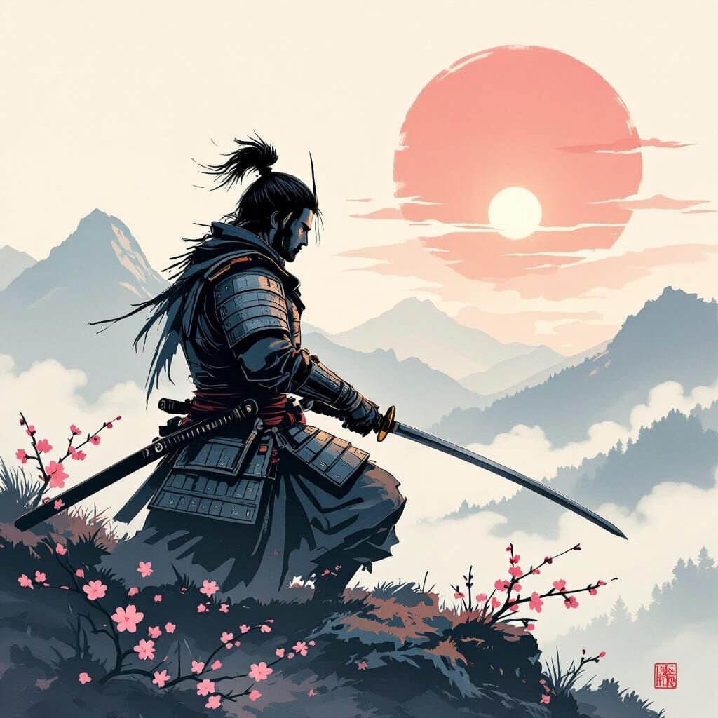 Samurai Warrior Practices Kenjutsu on Misty Mountaintop at D...