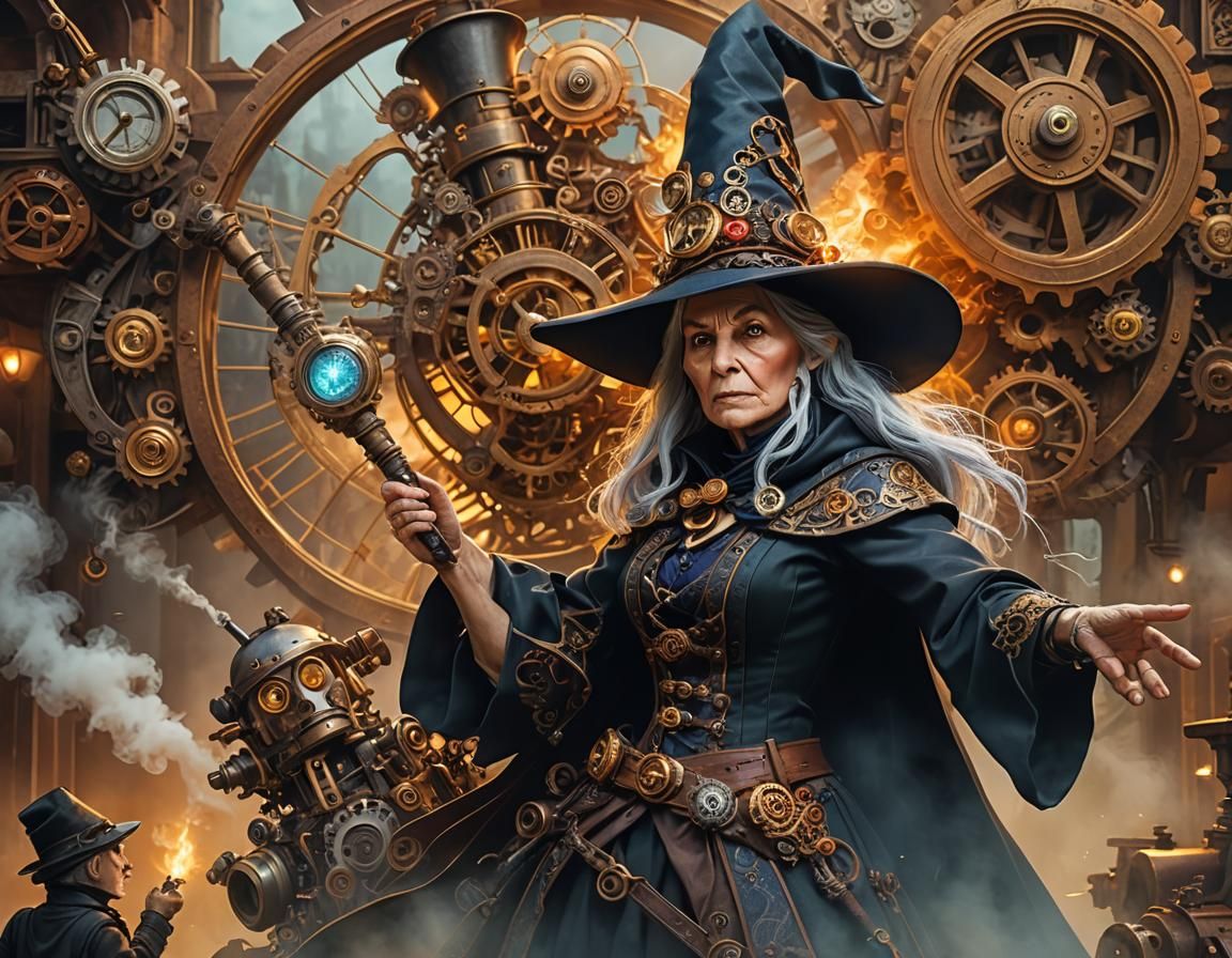Witch Defends Against Steampunk Gnome, Hyperrealistic 3D Art