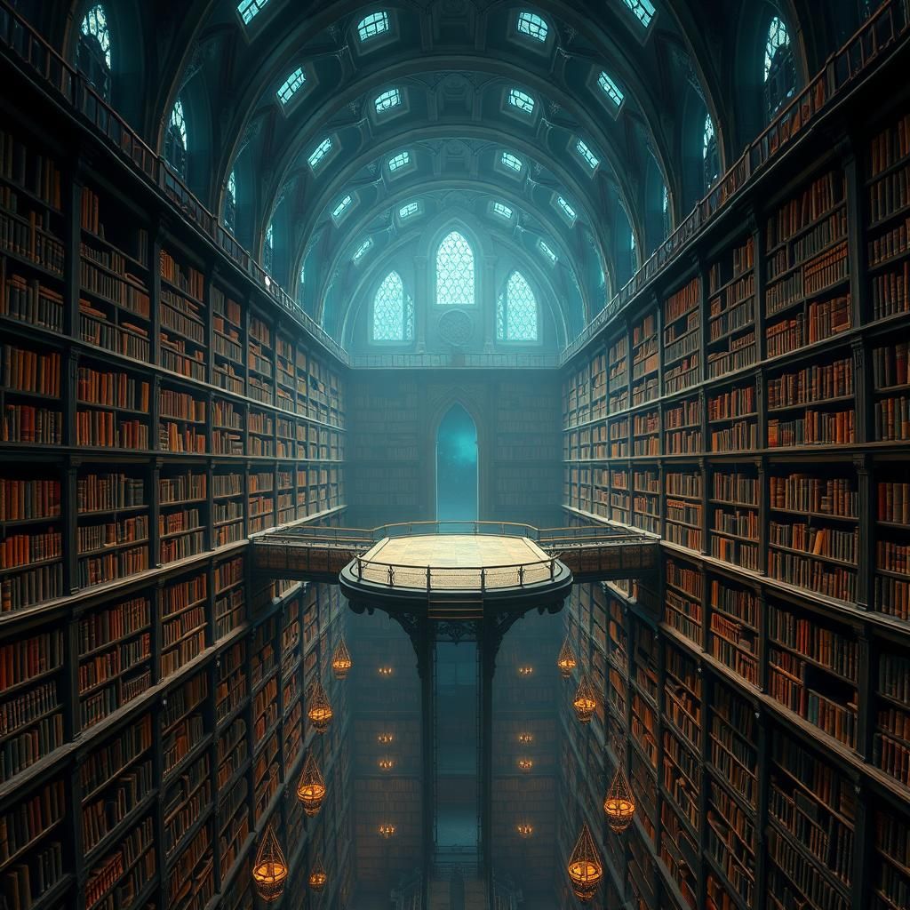 Magical Library with Arcane Bridges and Portal