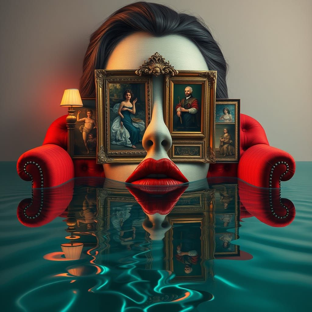 Surrealist Woman's Face Made of Furniture in Dreamscape
