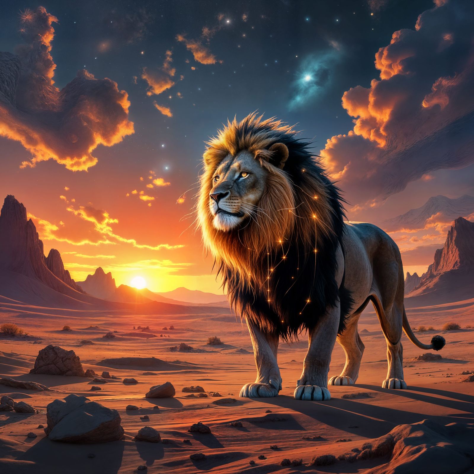 Lion Guarding Alien Desert Under Binary Sunset