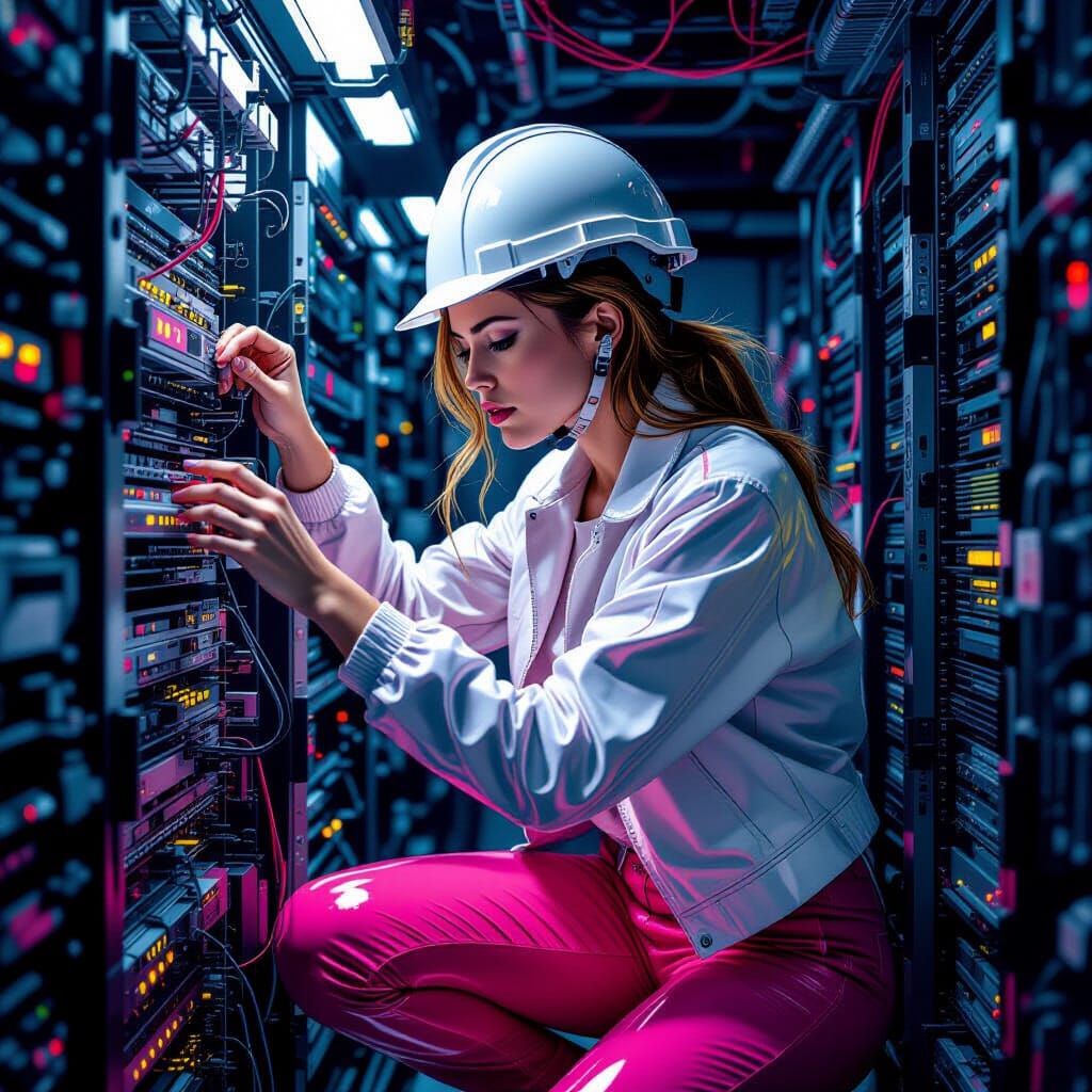 Woman Repairs Server Connections in Abstract Style
