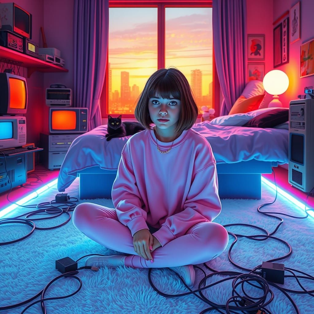 Girl in Retro-Futuristic Bedroom Scene with Cityscape
