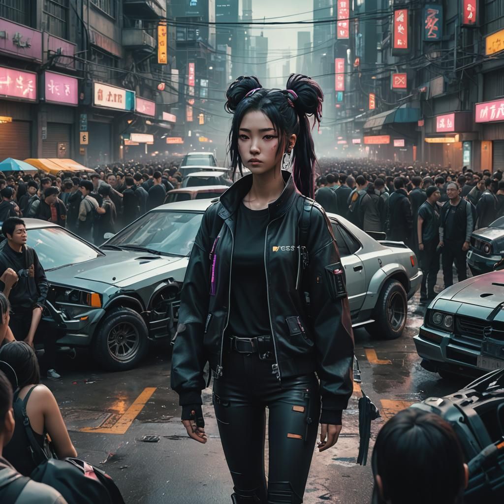 Girl in Cyberpunk Cityscape, Cinematic Anime Art