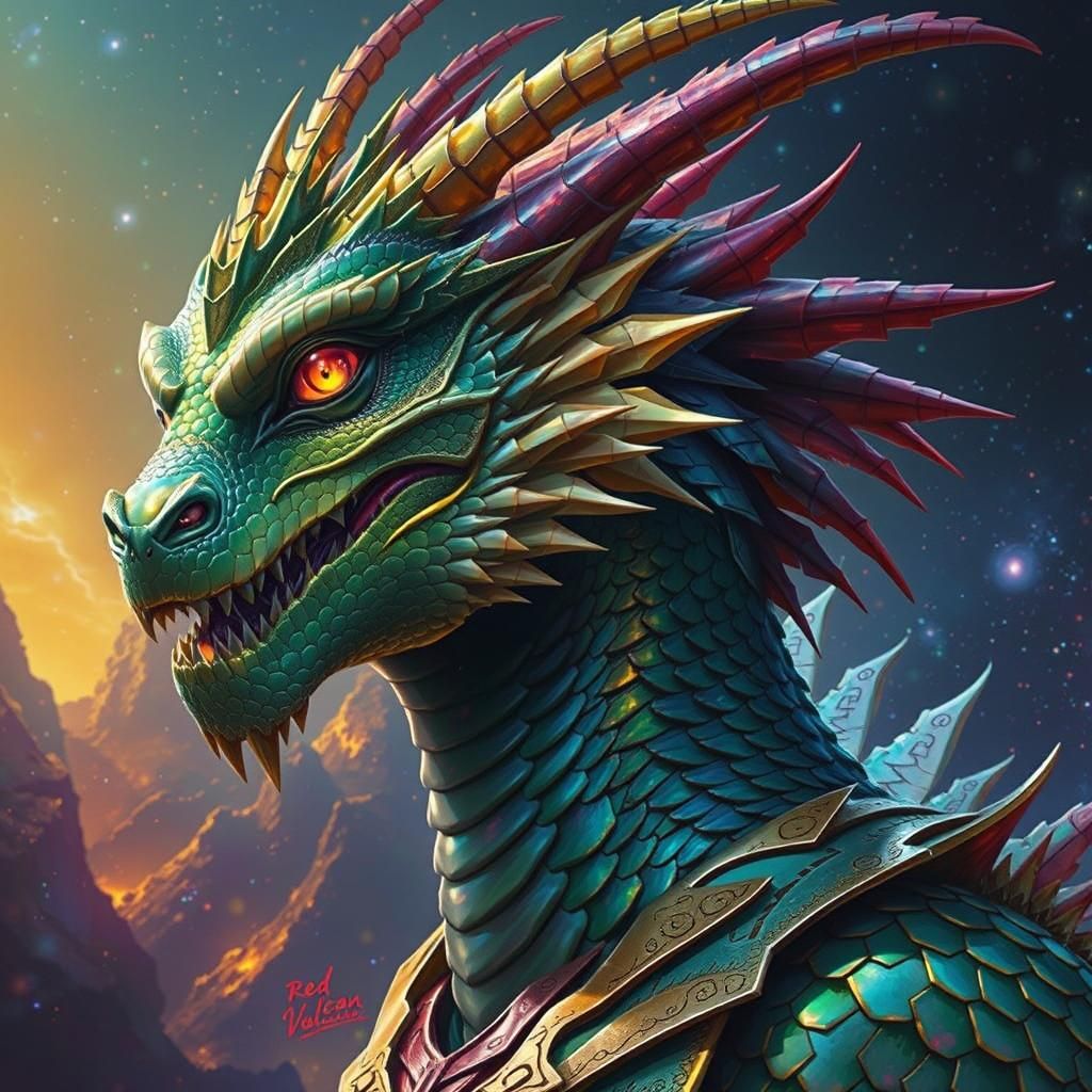 A majestic, Bipedal serpentine dragon with intricate texture...