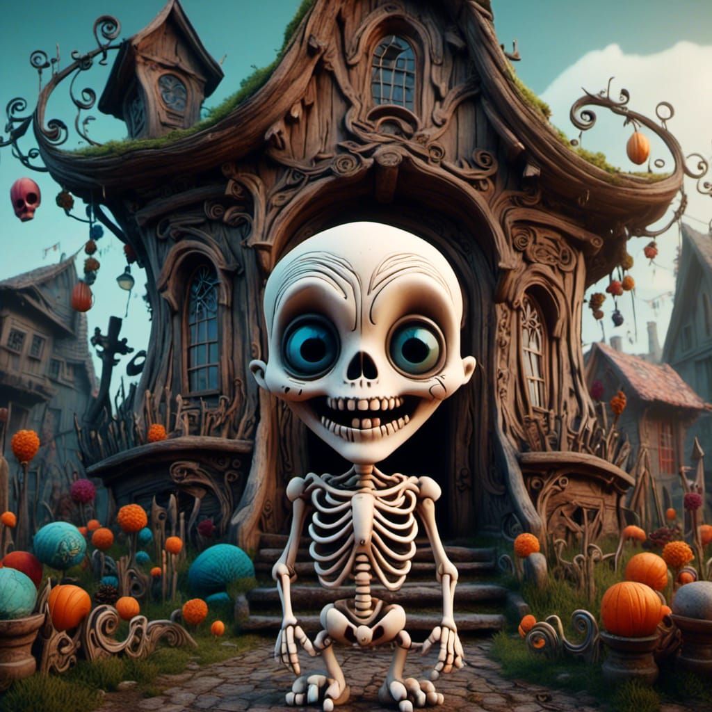 Chibi Gothic Skeleton on Dreamlike Bridge