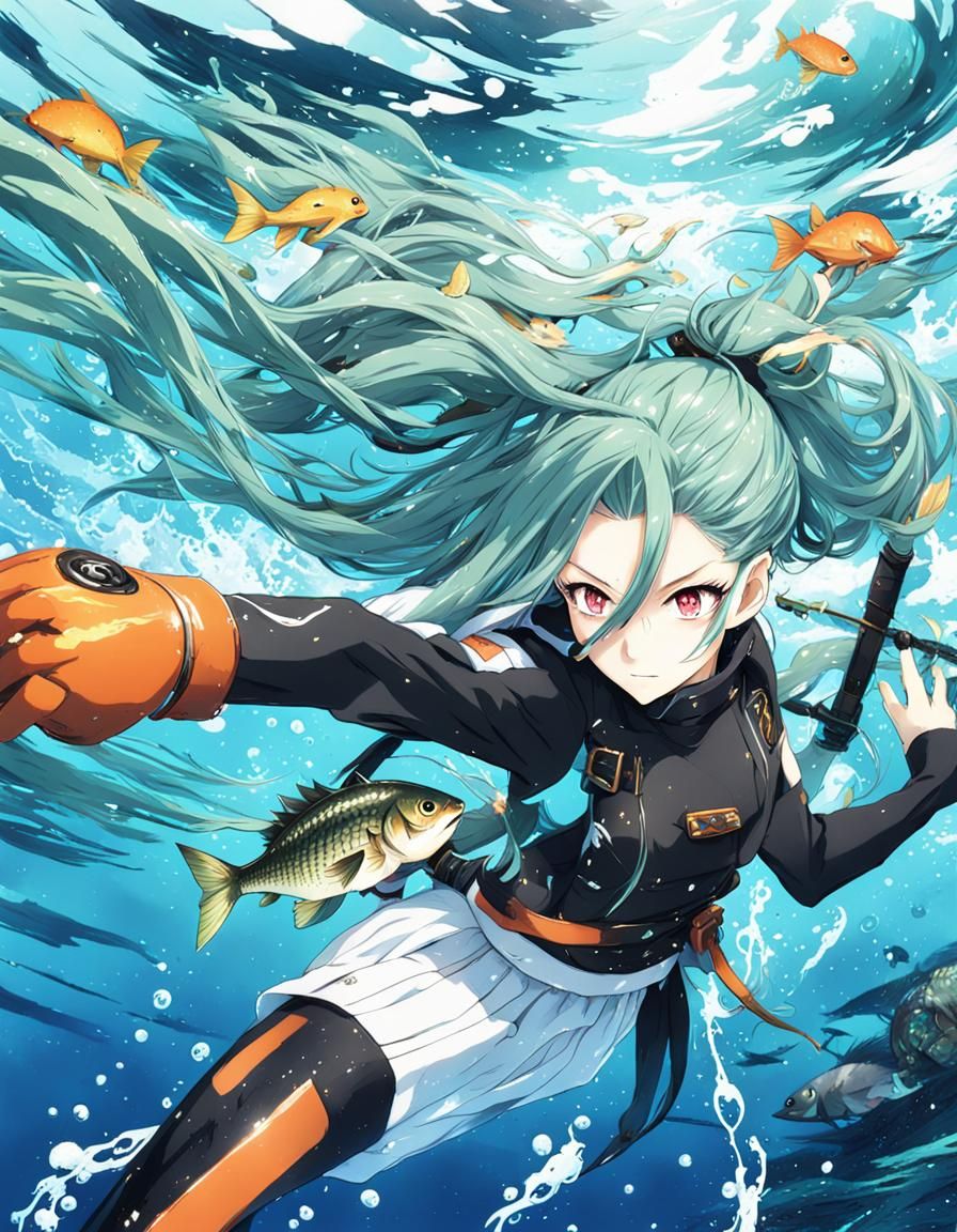 Anime Girl with Long Black Hair Underwater