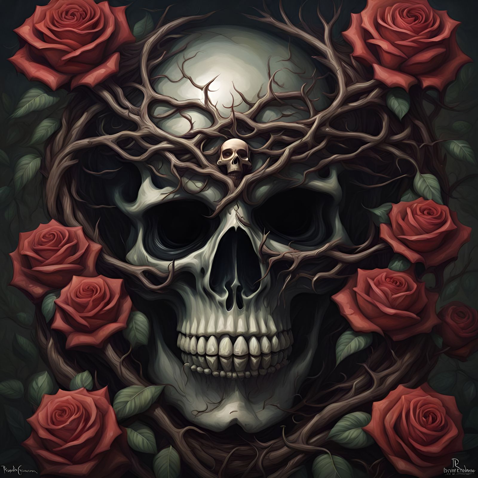 Sinister Dark Garden Skull with Rose Eyes