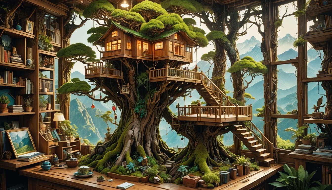 Detailed Miniature Treehouse with Bonsai and Mountain View