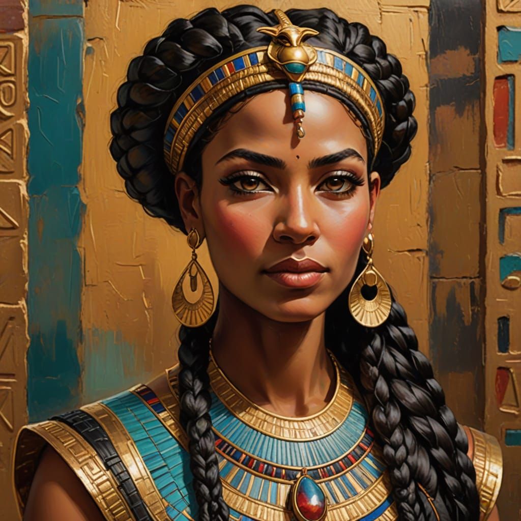Egyptian Queen in Golden Headdress, Vibrant Oil Painting