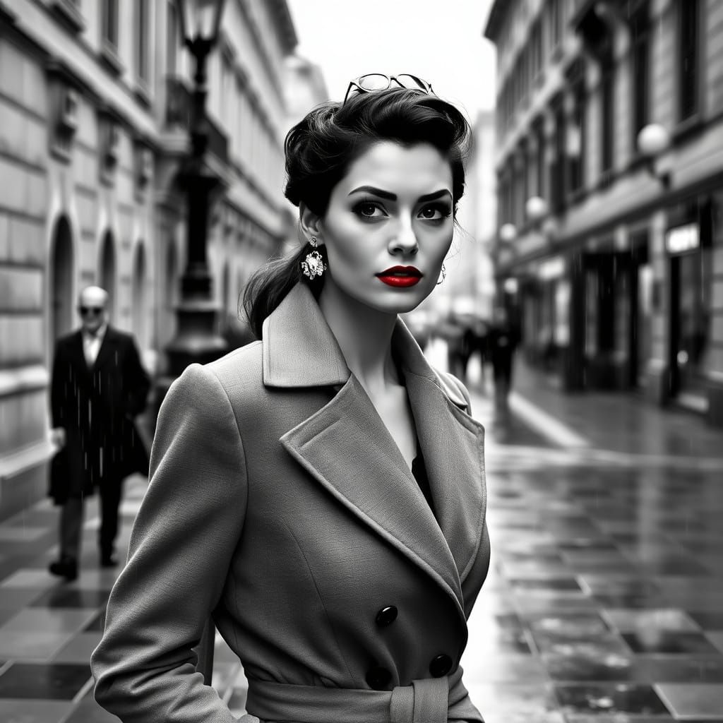 Elegant Woman Strolls Roma's Rainy Streets in Timeless Style